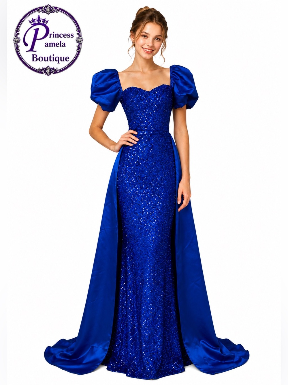 #619 Royal Blue sequin,velvet sweetheart neckline Off Shoulder Mermaid Gown-XS